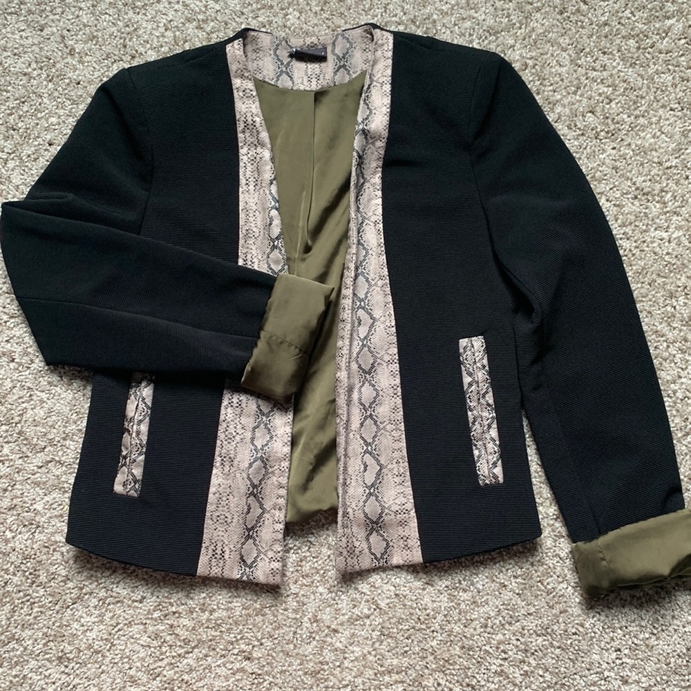 Black Blazer with olive green lining and faux snake skin detail